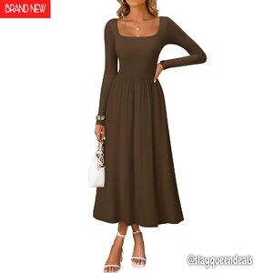 Elegant Square Neck Long Sleeve Midi Dress Wedding Guest Party